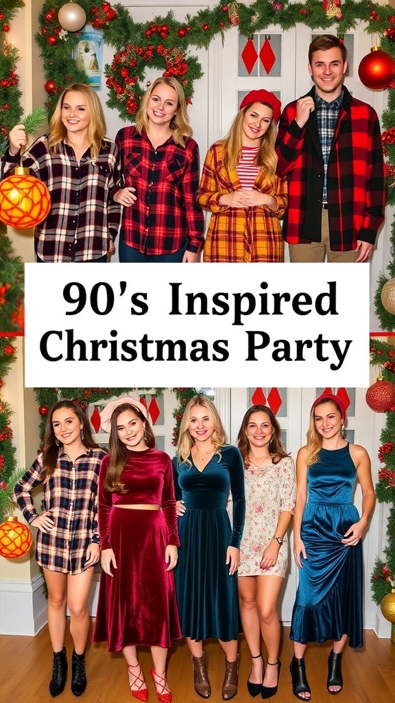 A collection of 90s fashion outfits for a Christmas party, showcasing vibrant colors and retro styles.